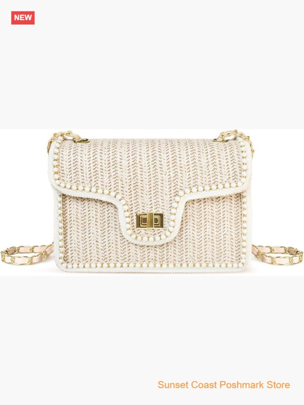 Straw Crossbody Bag with Pearl Trim Summer Beach Shoulder Handbag